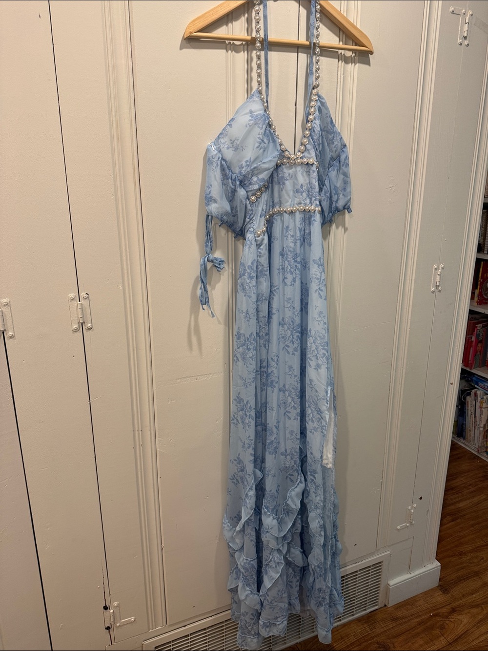 Light Blue Floral Maxi Dress with Pearl Trim